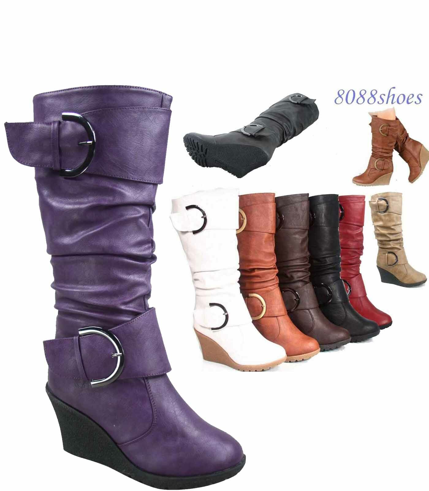 Women’s Cute Round Toe Slouch Buckle Wedge Mid Calf Boot Shoes Size 5 -11 NEW
