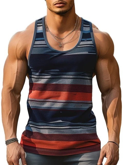 Men’s Striped Gym Tank Top Summer Beach Muscle Sleeveless Shirt Casual Vest S-6X