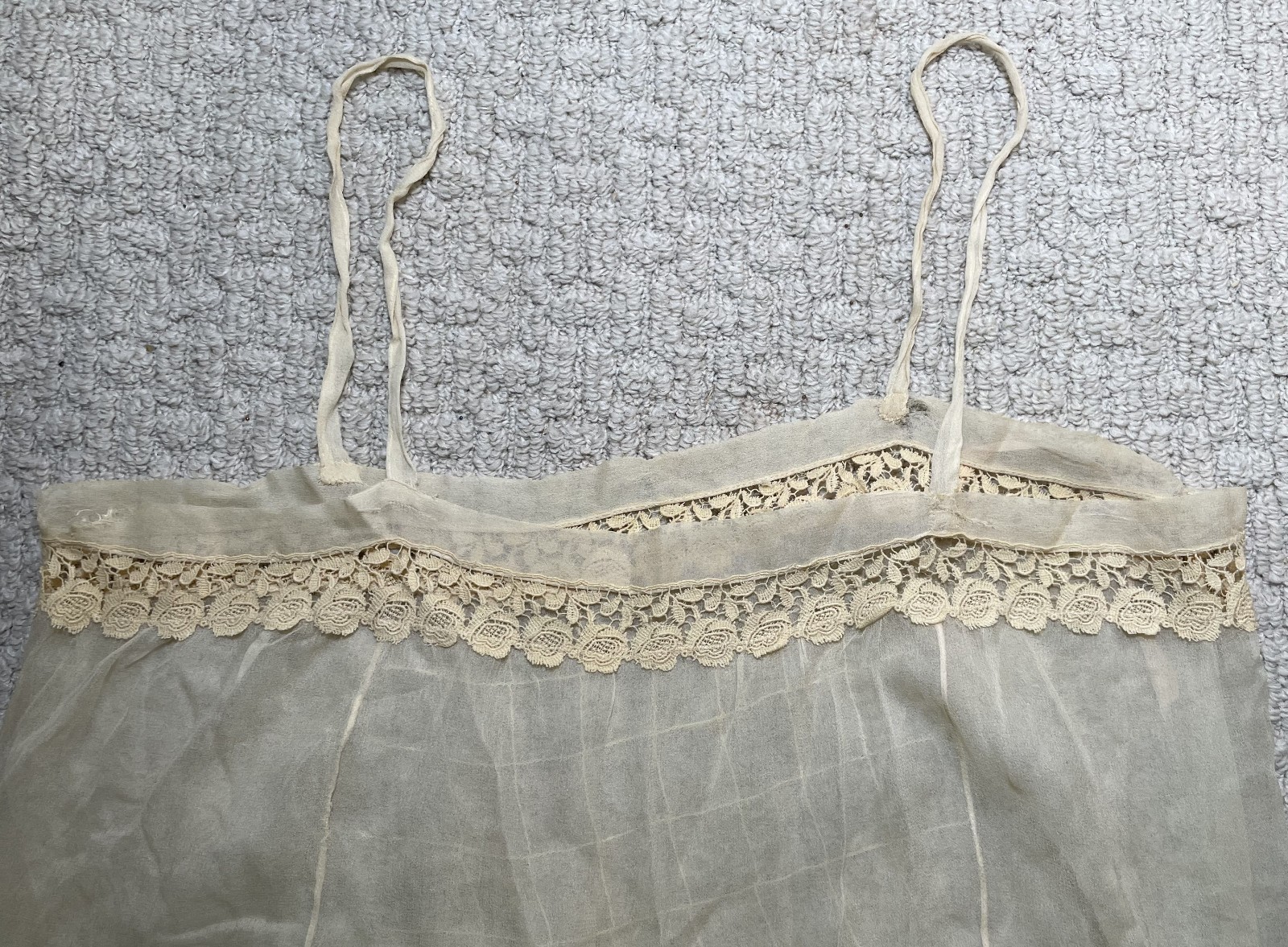 Antique 1900s Victorian Ivory Sheer Silk Slip Teddy Envelope Chemise Lace Holes