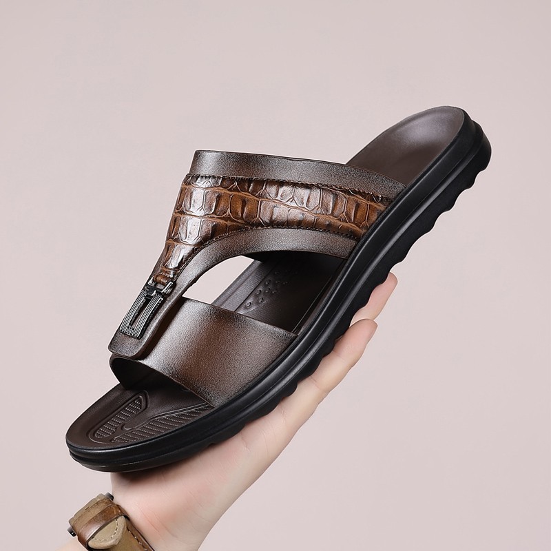 Men’s Croc-Embossed Slide Sandals, PU Leather, Comfort Non-Slip Rubber Sole