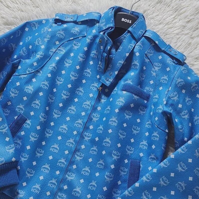 MCM Blue Leather Jacket Biker Premium Quality Laser Printed Leather jacket