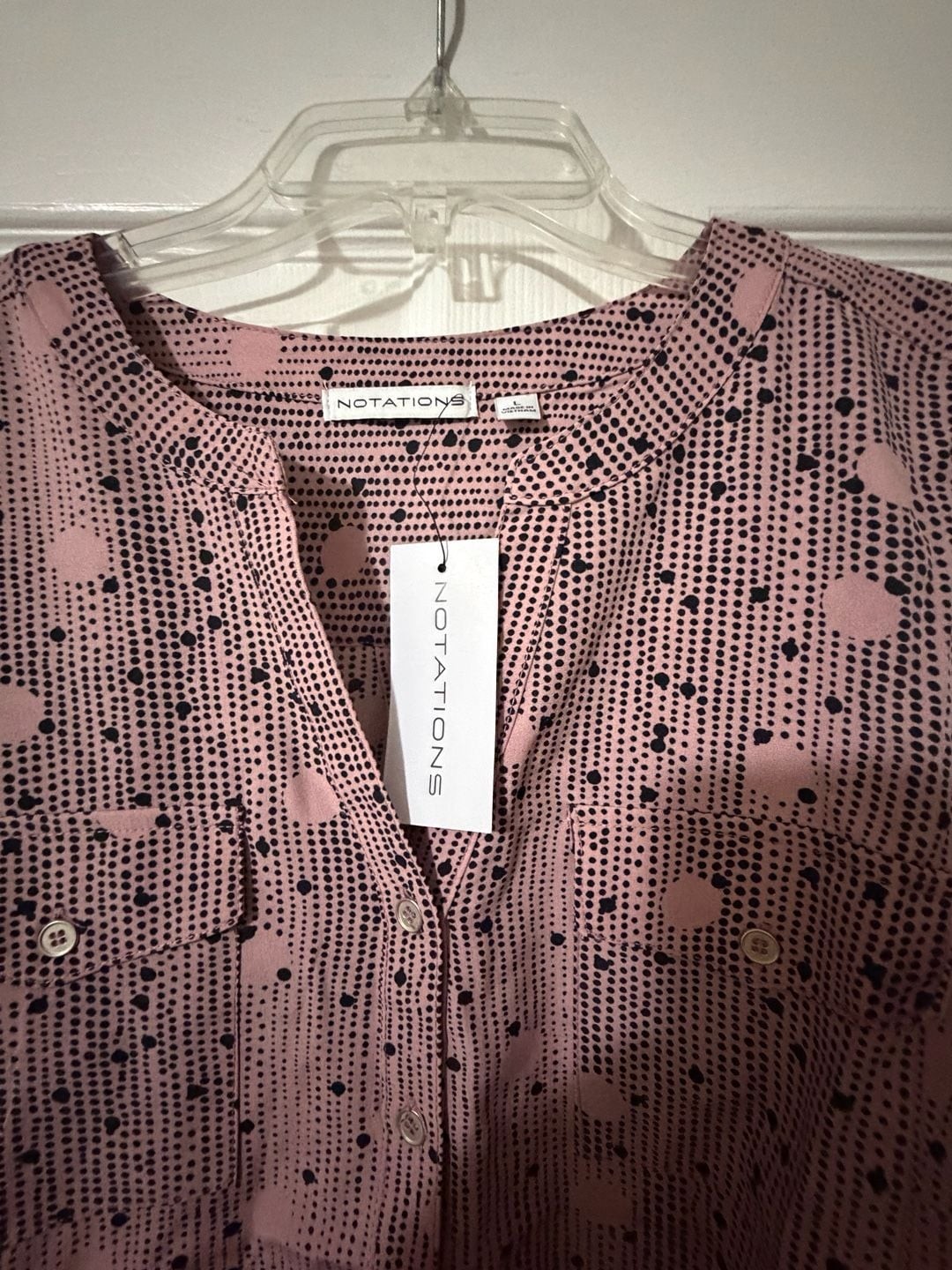 Notations 3/4 Roll-Tab Sleeve Notch Neck Dotted Blouse