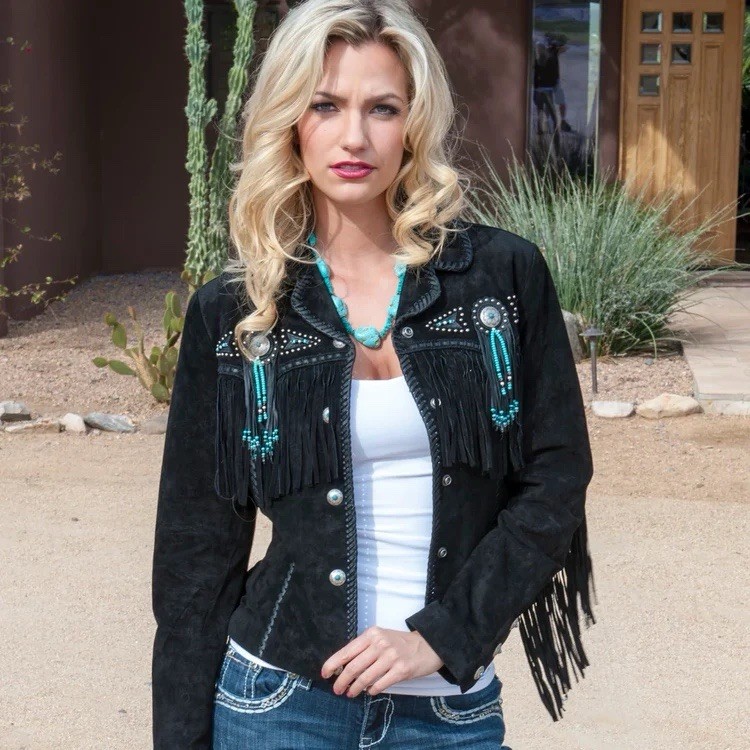 Women Native American Fringe Cowgirl Western Suede Leather Jacket Tassels Beads