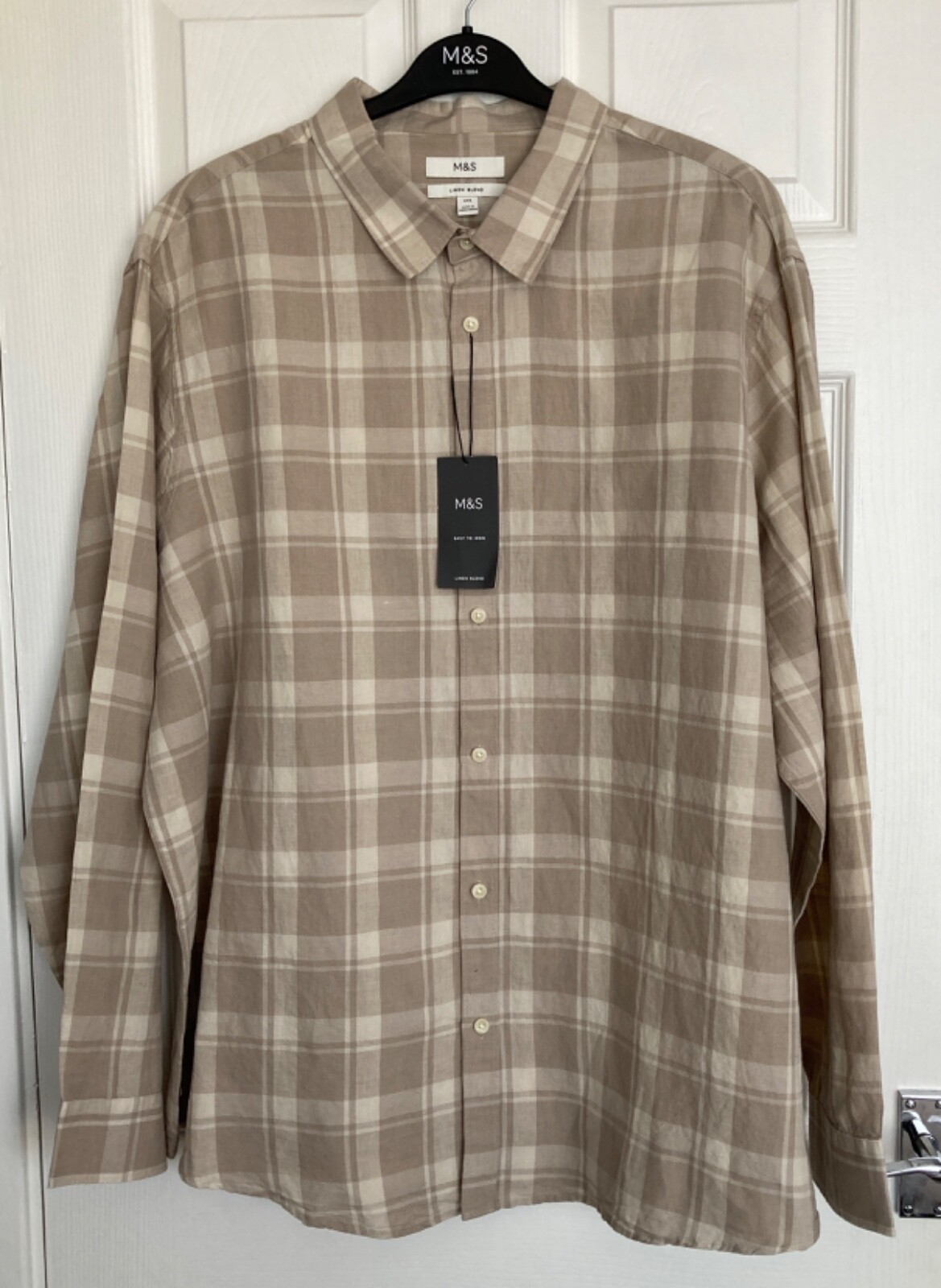 NEW M&S Mens Natural Mix Easy Iron Cotton Linen Blend Check Shirt Size 4XL