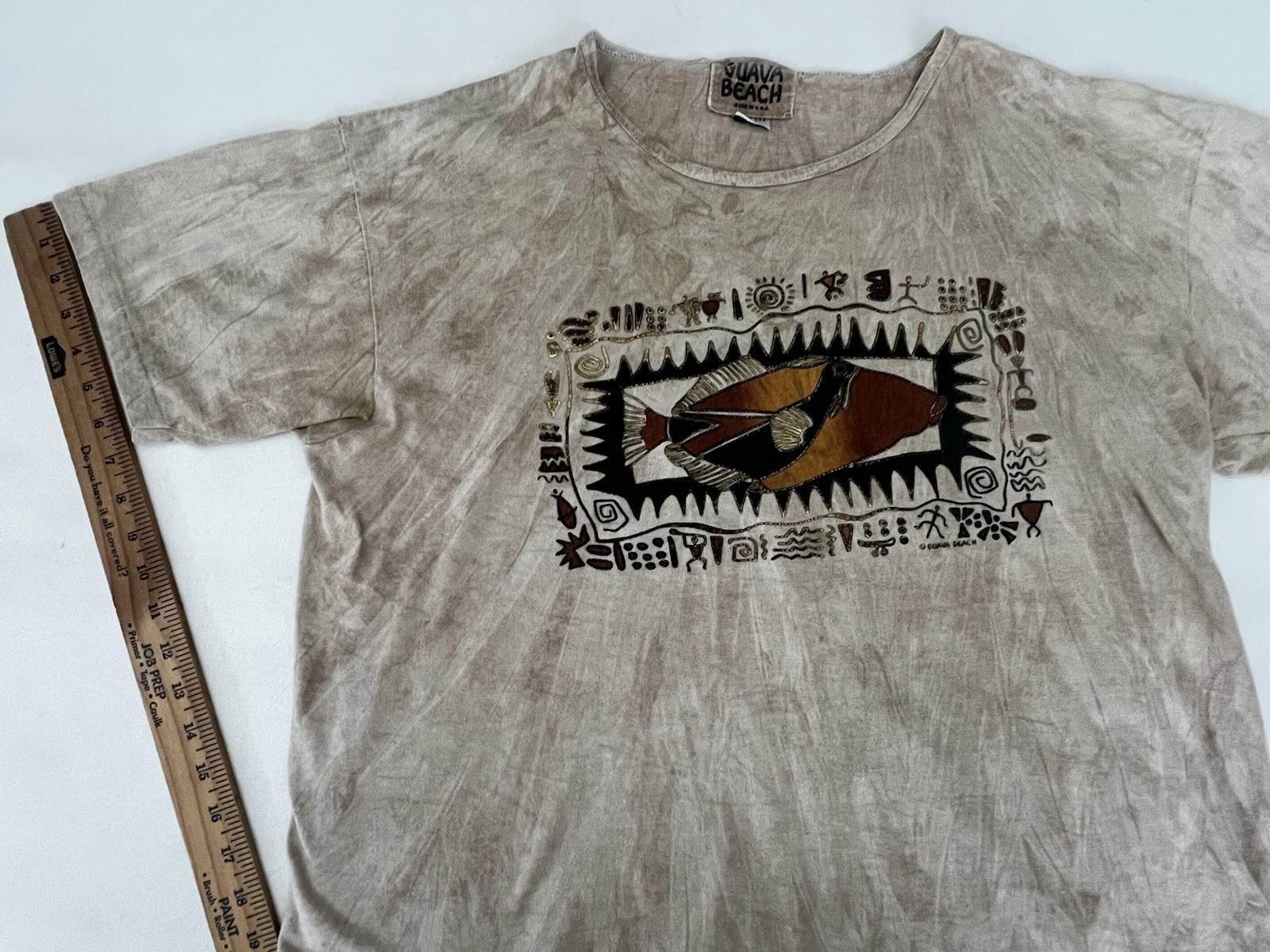 Vintage Guava Beach XL Brown Marbled Fish Graphic Beige Tee Single Stitch USA