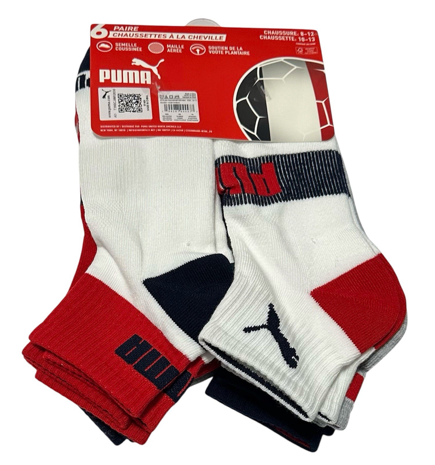 Puma Men’s Cushioned 6-Pair Quarter Crew Socks Large (8-12) Blue/Gray/White/Red