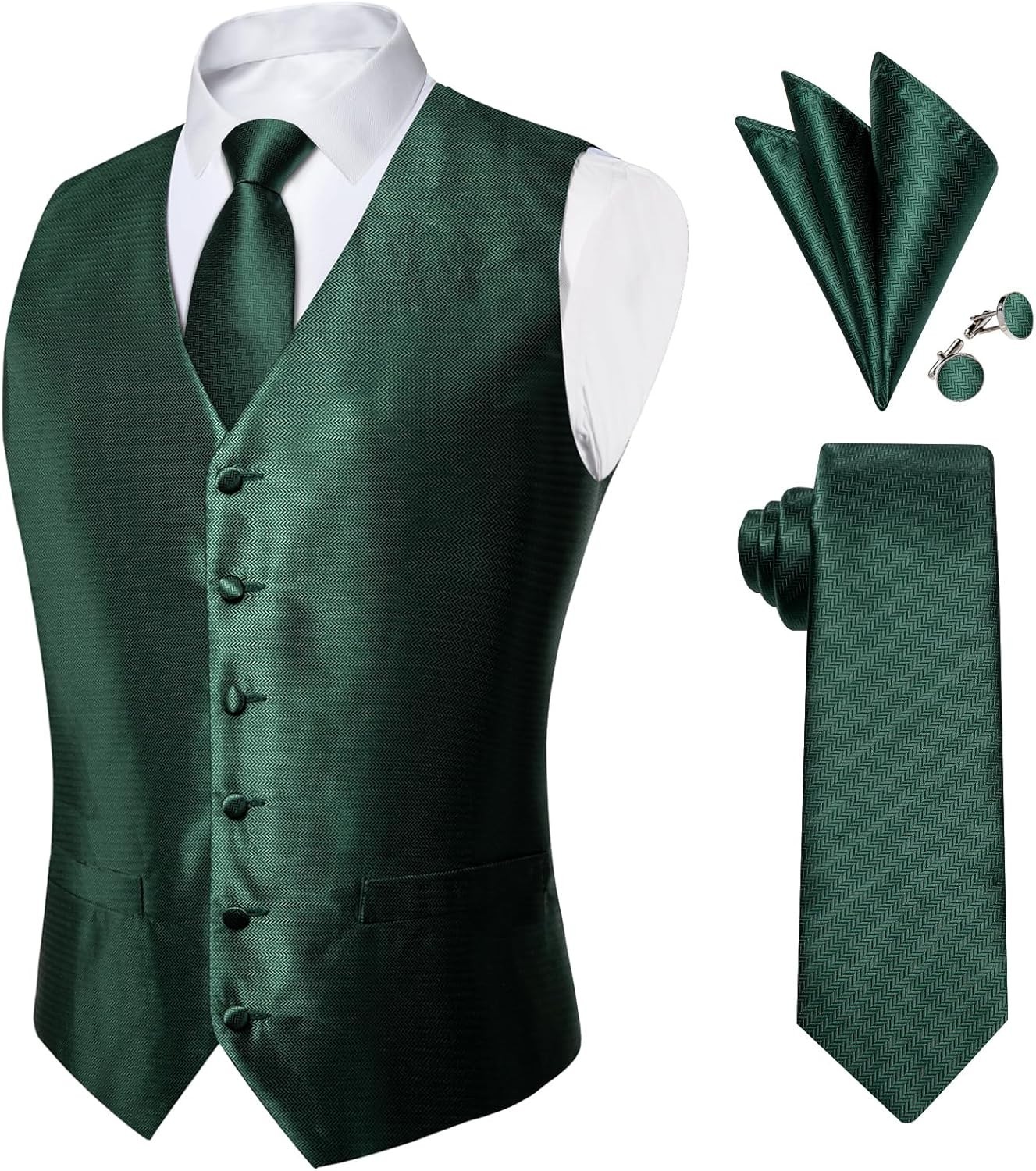 Mens Paisley Silk Vest Tie Pocket Square Cufflinks Set for Wedding Party Formal