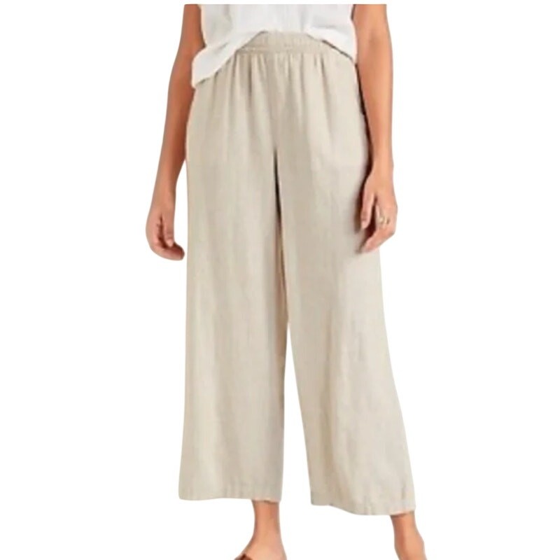 Old Navy High Rise Wide Leg Linen Blend Pants M Natural Pull On Breathable