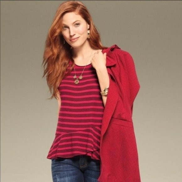 CAbi Sweet Talk Tee 3631 Garnet Red Striped Ruffle Hem Scoop Neck Womens Small