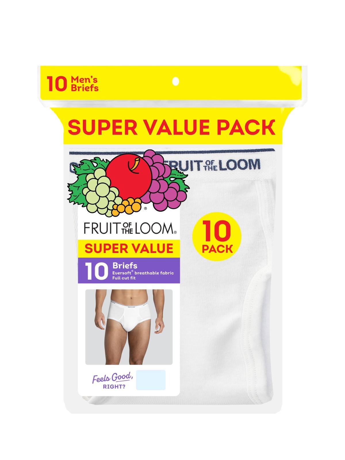 Fruit of the Loom Men’s White Briefs Underwear, 10- Pack, Size S to 2XL