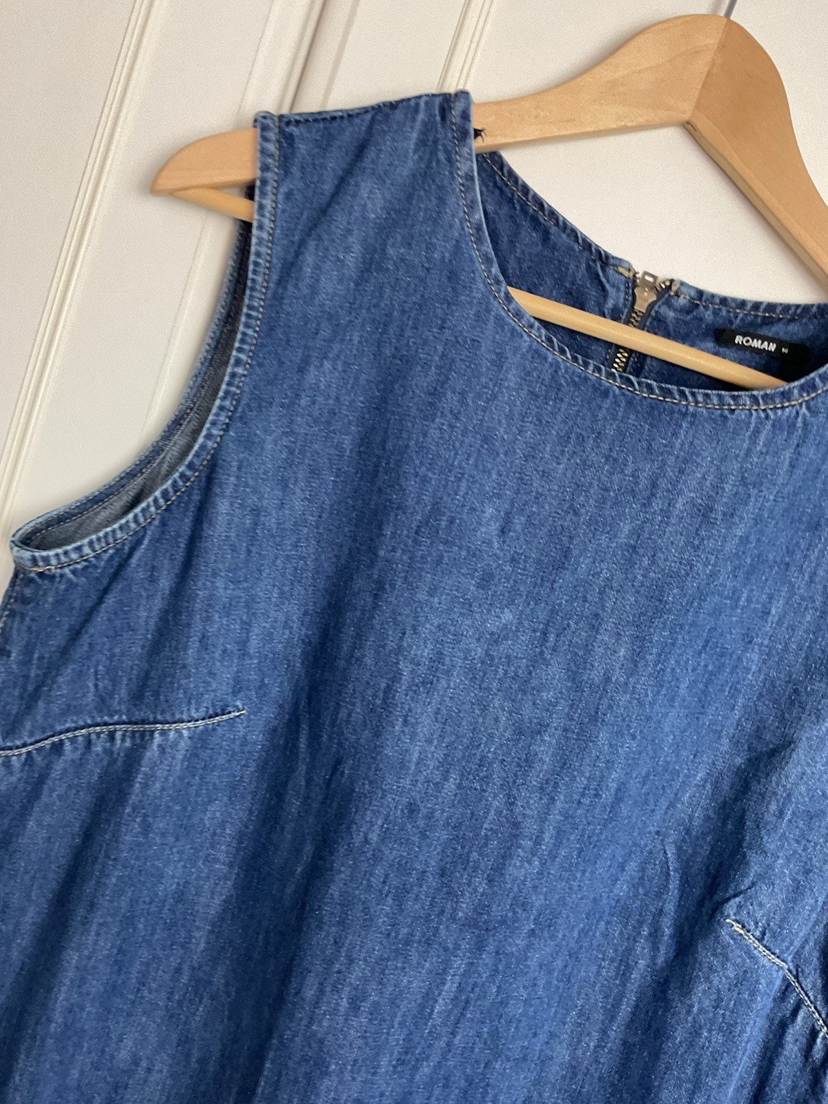 Roman Sleeveless Denim Dress UK 14 Blue Pockets Tunic A Line Knee Length Cotton