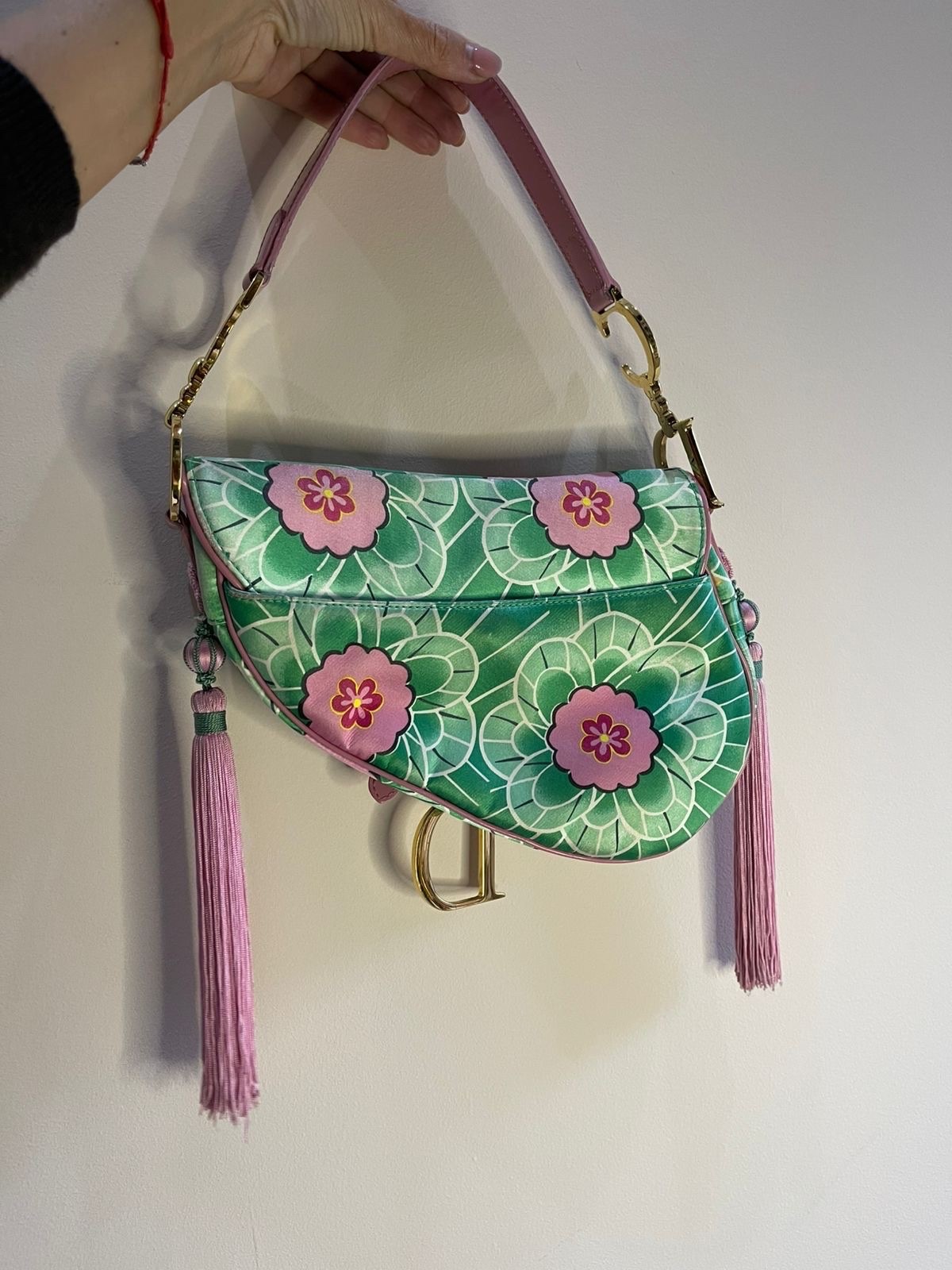 Vintage Dior by Galliano 2003 Koi Fish Satin Saddle Green Pink