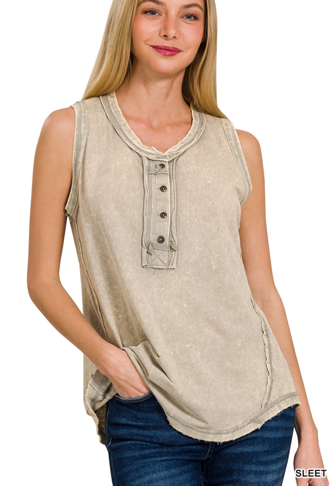 ZENANA 5251 Color Washed Henley Tank top Tunic 100% CottonRaw Edge Exposed Seam