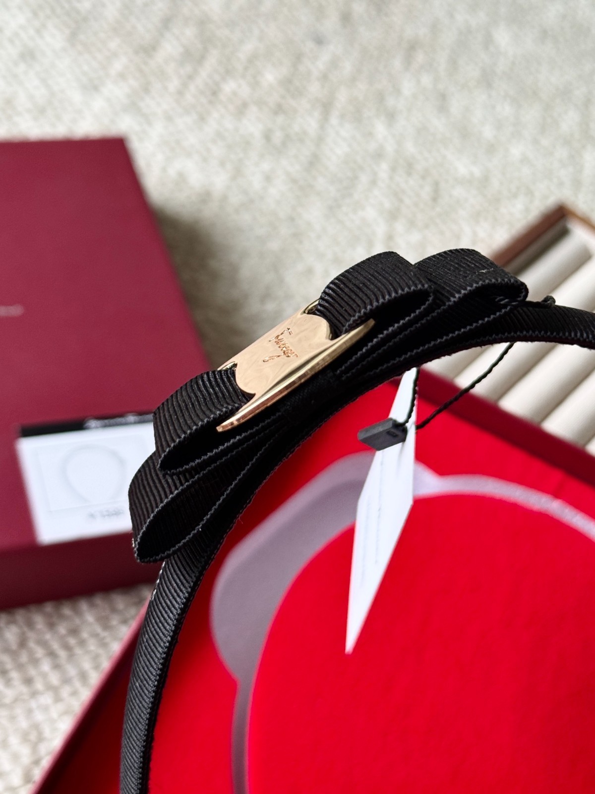 Salvatore Ferragamo Vara Bow Headband Black Grosgrain Gold Hardware Authentic