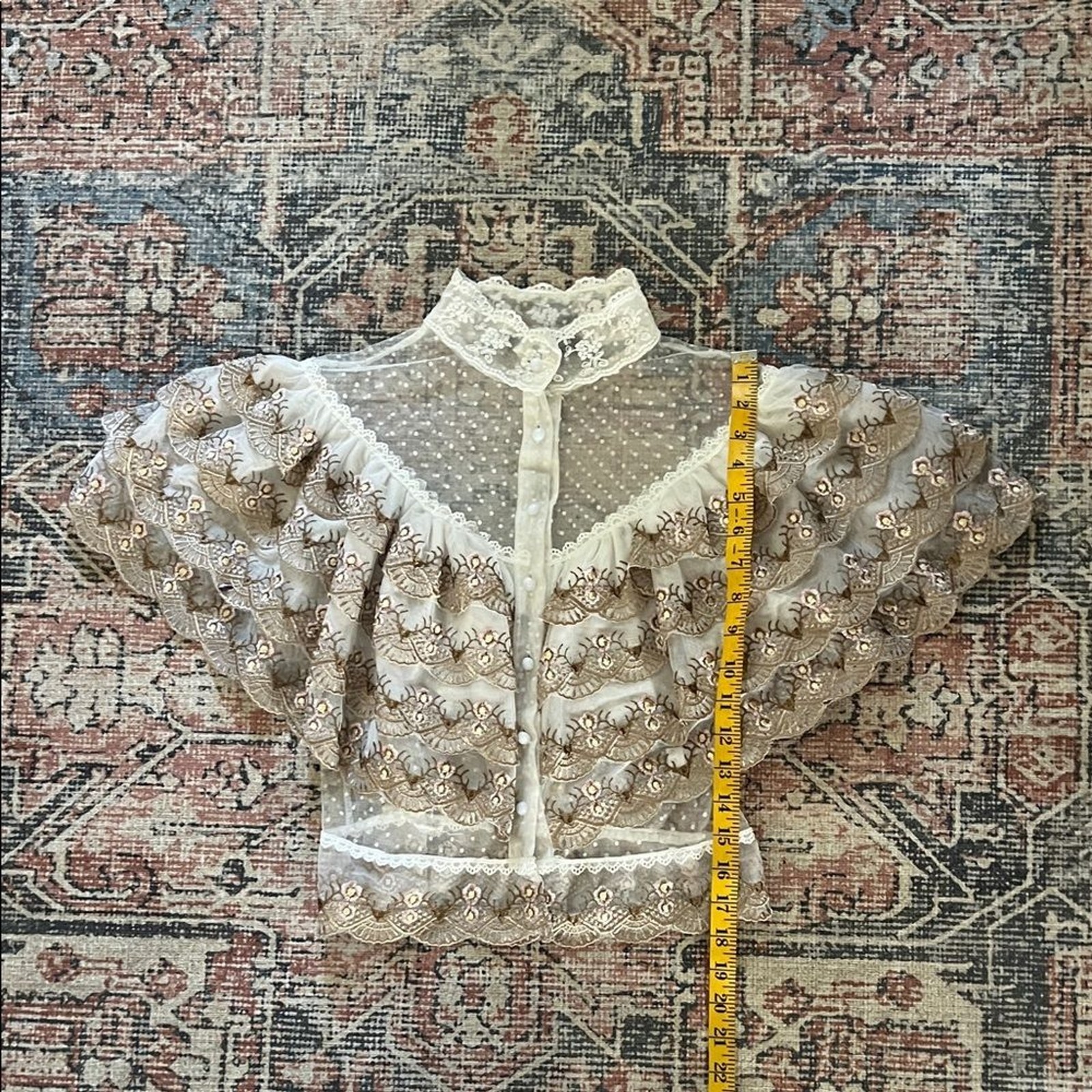 BEULAH Style Victorian-Inspired White Lace Blouse with Golden Embroidery Size: S