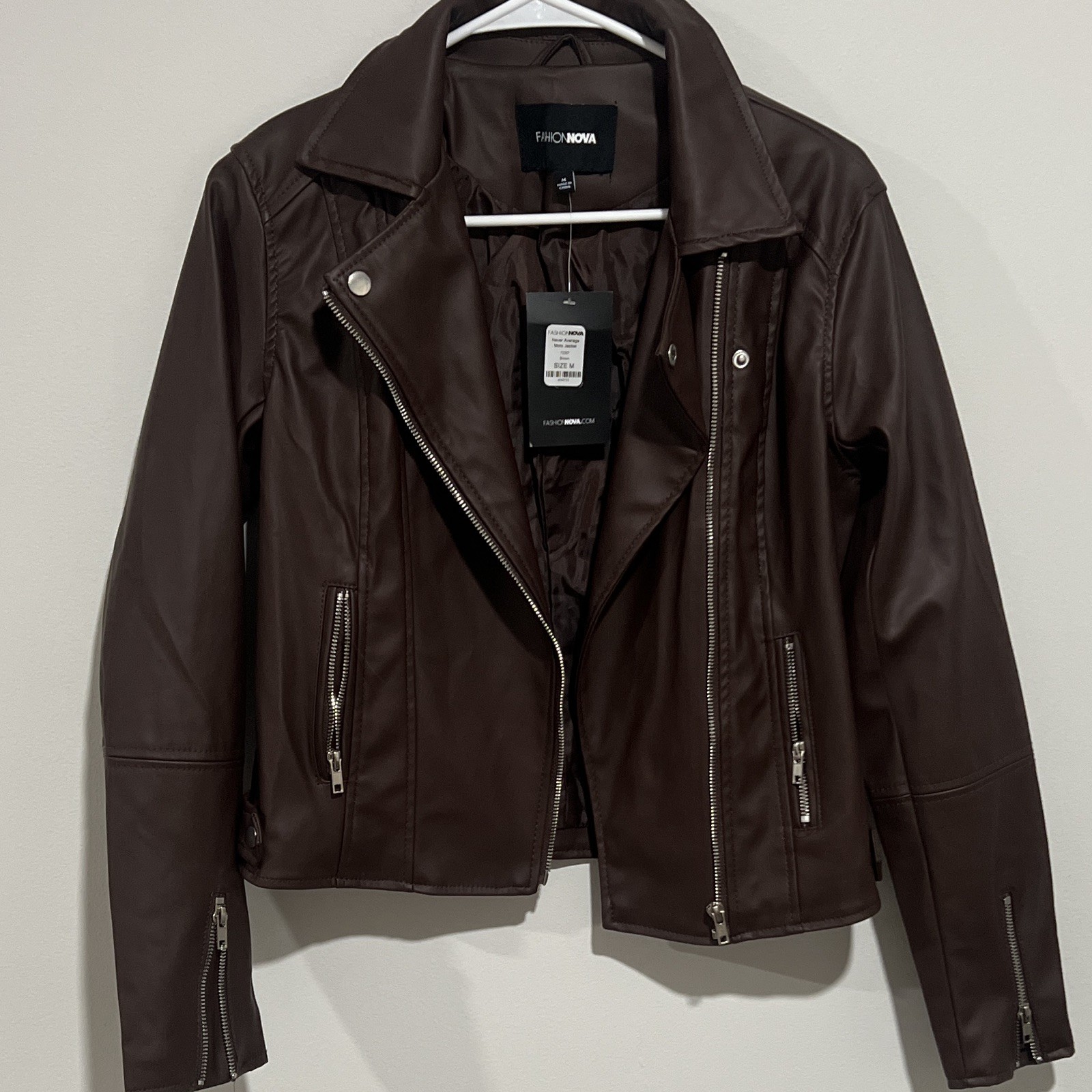 Fashion Nova Never Average Moto Jacket Brown M Zip Lined Pockets Short