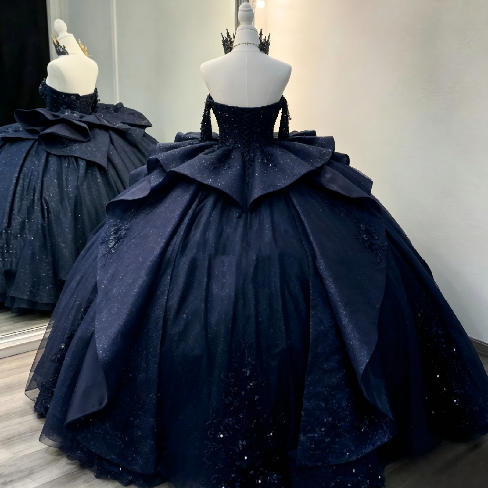 Navy Glitter Quinceanera Ball Gown Beaded Lace Big Satin Bow Sweet 16 Dress