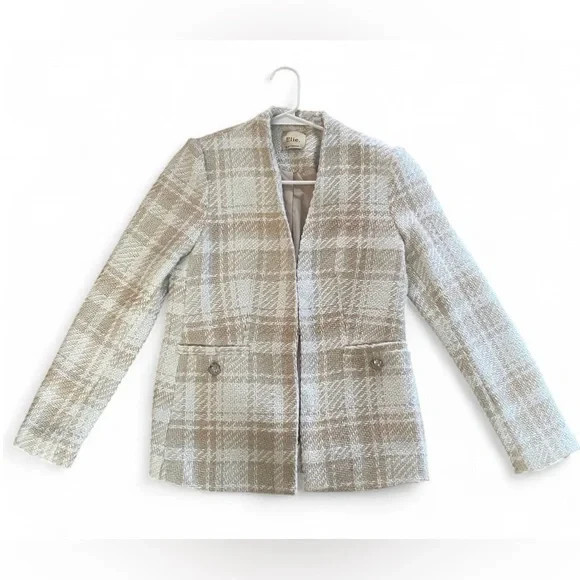 Elie Tahari Beige White Plaid Tweed Blazer Jacket Quiet Luxury Careerwear Spring