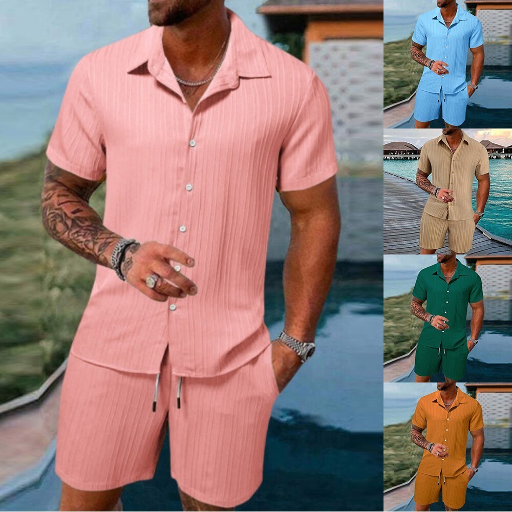 2026 Men 2 Set Short Sleeve Button Shirt Shorts Suit Tops+Shorts T Shirts Casual