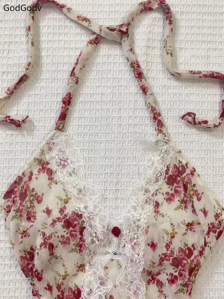 Women Coquette Y2K Aesthetic Cami Top Floral Lace Animal Print Halter Tank XS-XL