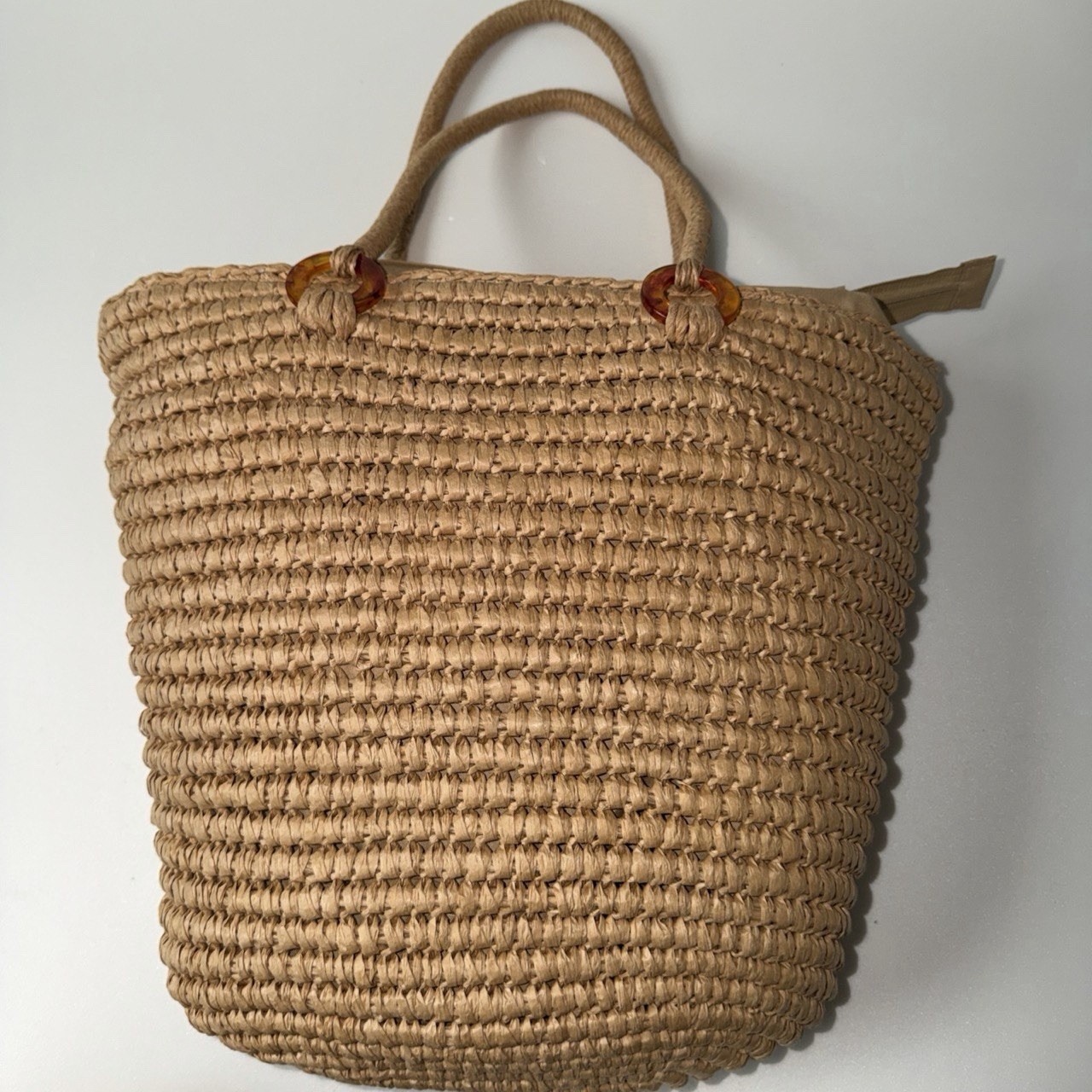 Tan Woven Tote Top Handle Bag w/ Braided Accents, Women’s Casual Beach