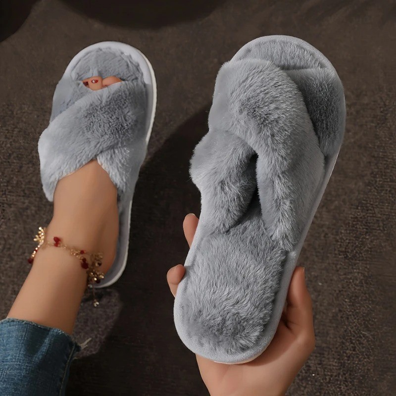 Cross Warm Fluffy Fur Slippers Women Open Toe Non Slip Home Floor Shoes