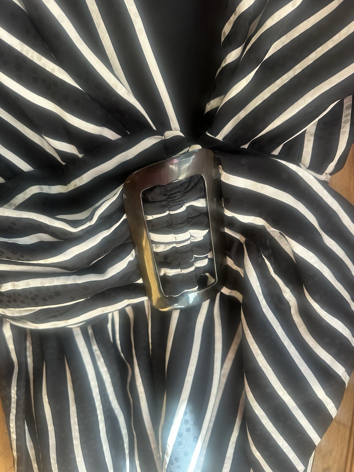 La Bottega Black & White Striped 100% Silk Belted Buckle Blouse Long Sleeve 10