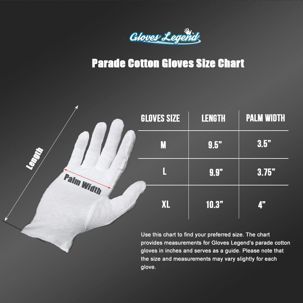 1 Pair 100% Cotton White Marching Parade Formal Dress Gloves M~XL