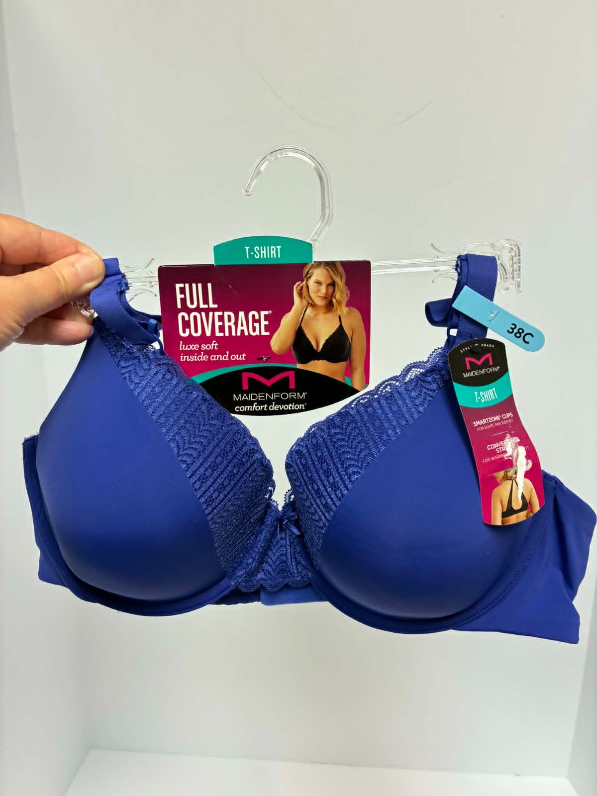 Maidenform Comfort Devotion Full Coverage Bra 38C Blue T-Shirt Bra Lace Trim NWT