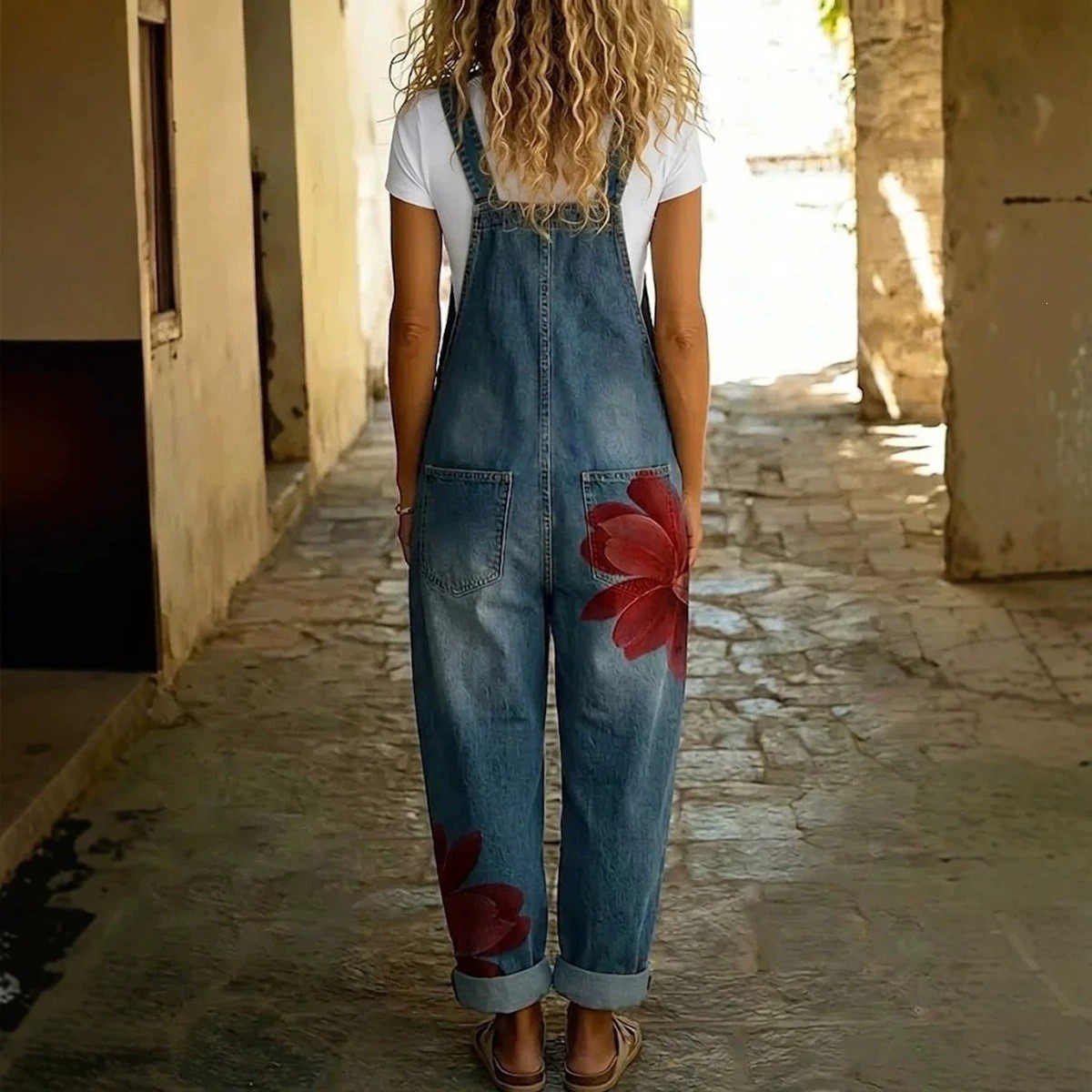 NEW Womens Denim-Style Jumpsuit With Floral Print