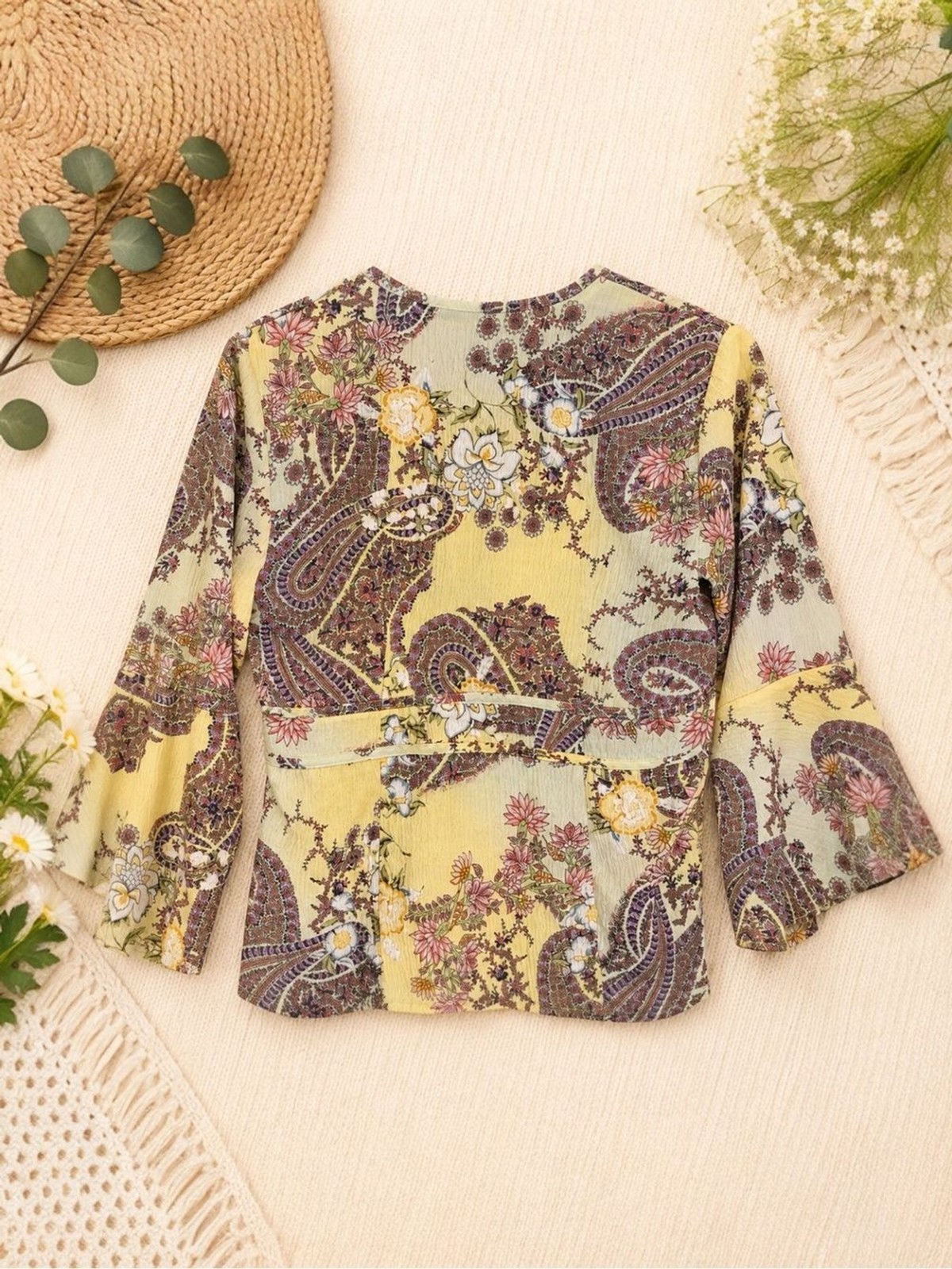 Milano Boho Paisley Floral Crinkle V-Neck Bell Sleeve Blouse Size Small