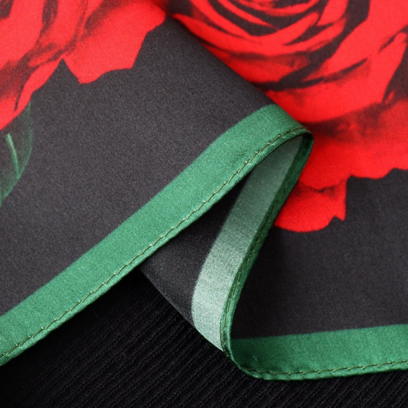100% Mulberry Silk Satin Square Scarf Red Rose Floral Print 20.9″×20.9″