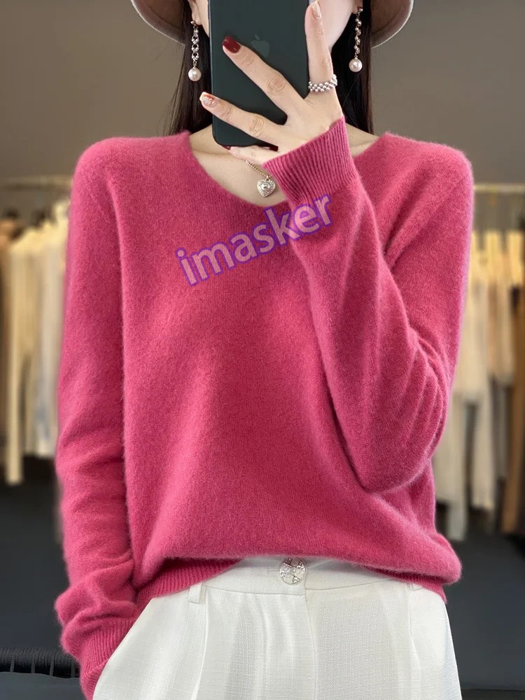 Women’s V-neck Pullover Sweater Knitwear Soft Warm Cashmere Loose Grace Style