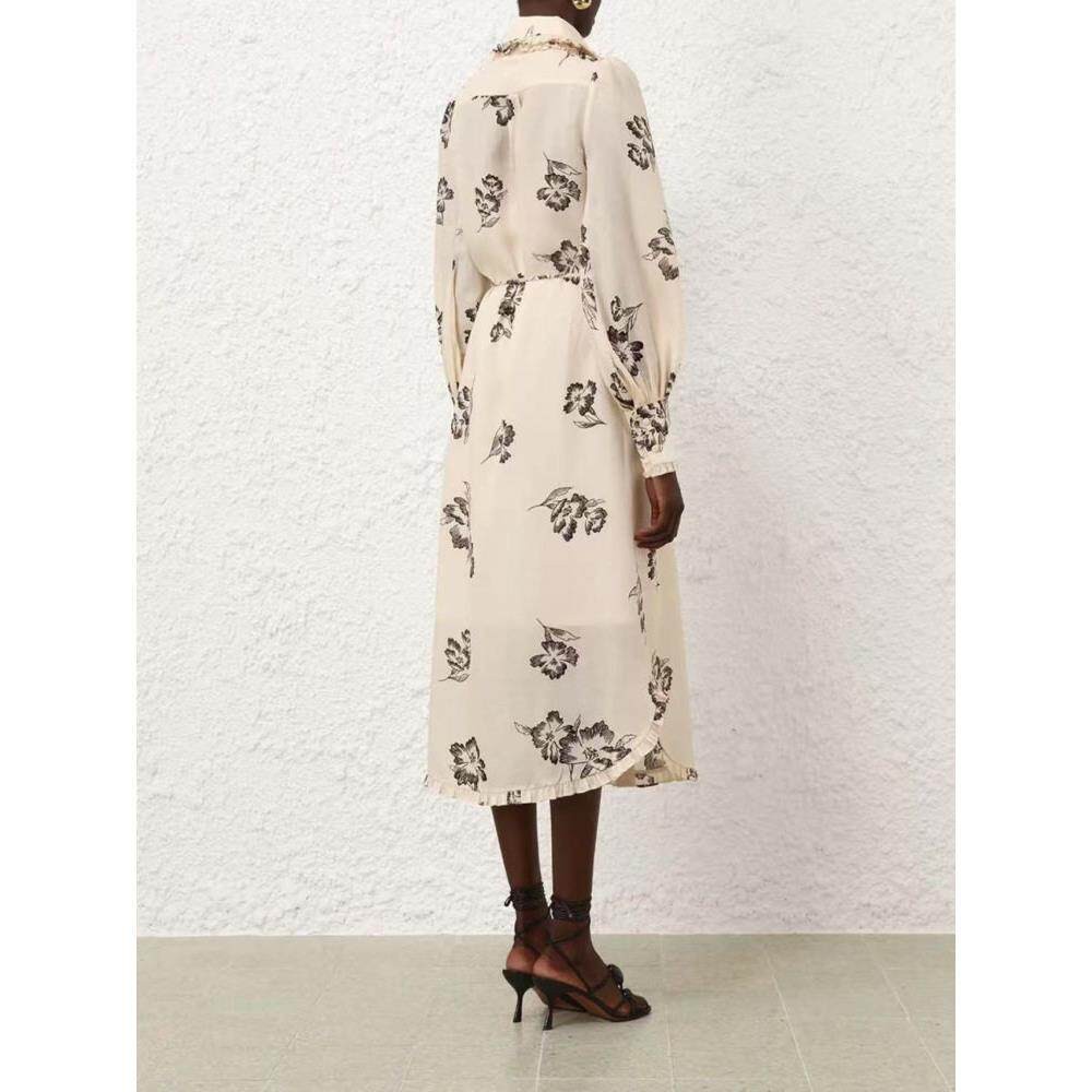 Zimmermann New Print Ruffle Collar Tie Neck Midi Dress Elegant Women