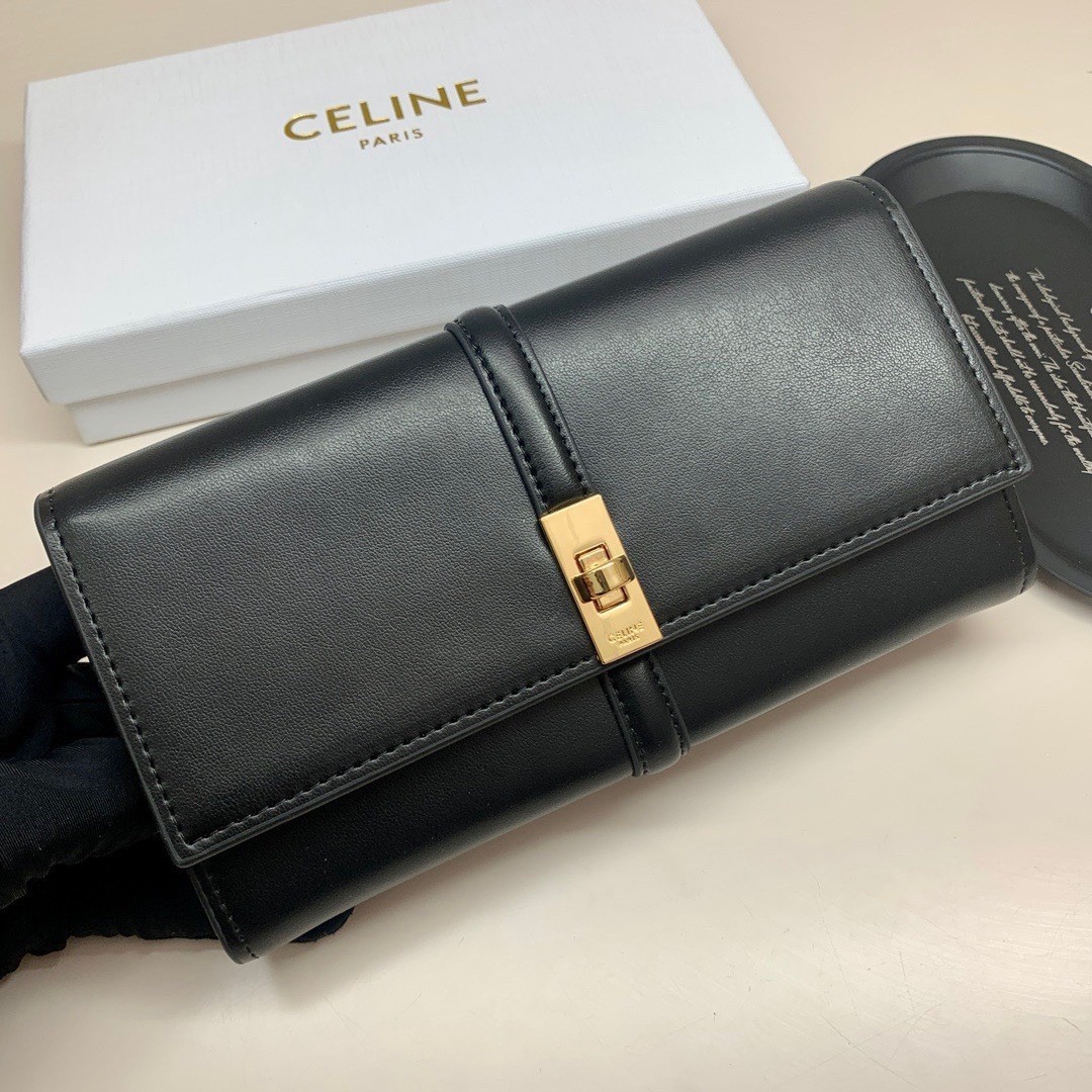 CELINE Black Solid Wallet Gold Logo Clasp Zipper Poker Credit Card Holder