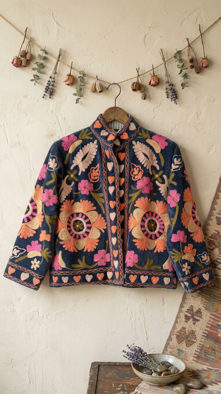 Boho Floral Embroidered Jacket Women’s Blue Folk Art Handmade Statement Coat