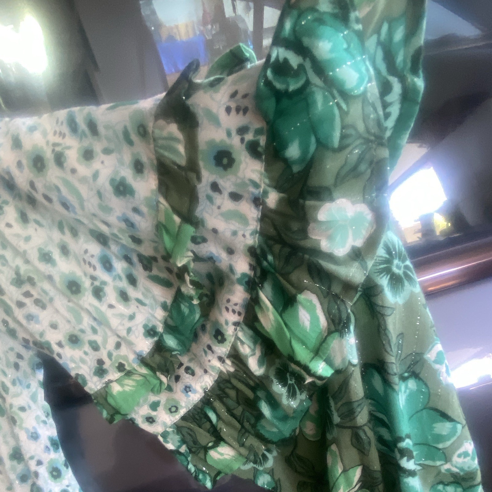 Spell & the Gypsy Green Floral V-Neck Bell Sleeve Ruffle Blouse, size small