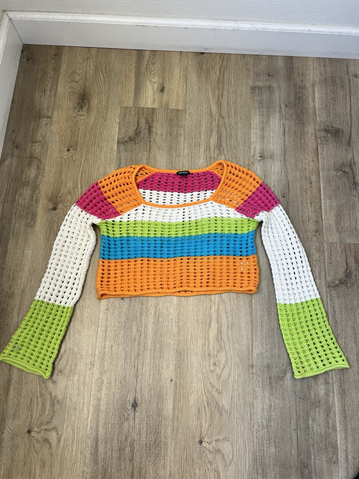 Wild Fable Multi-Color Striped Crochet Open Knit Crop Sweater XXS