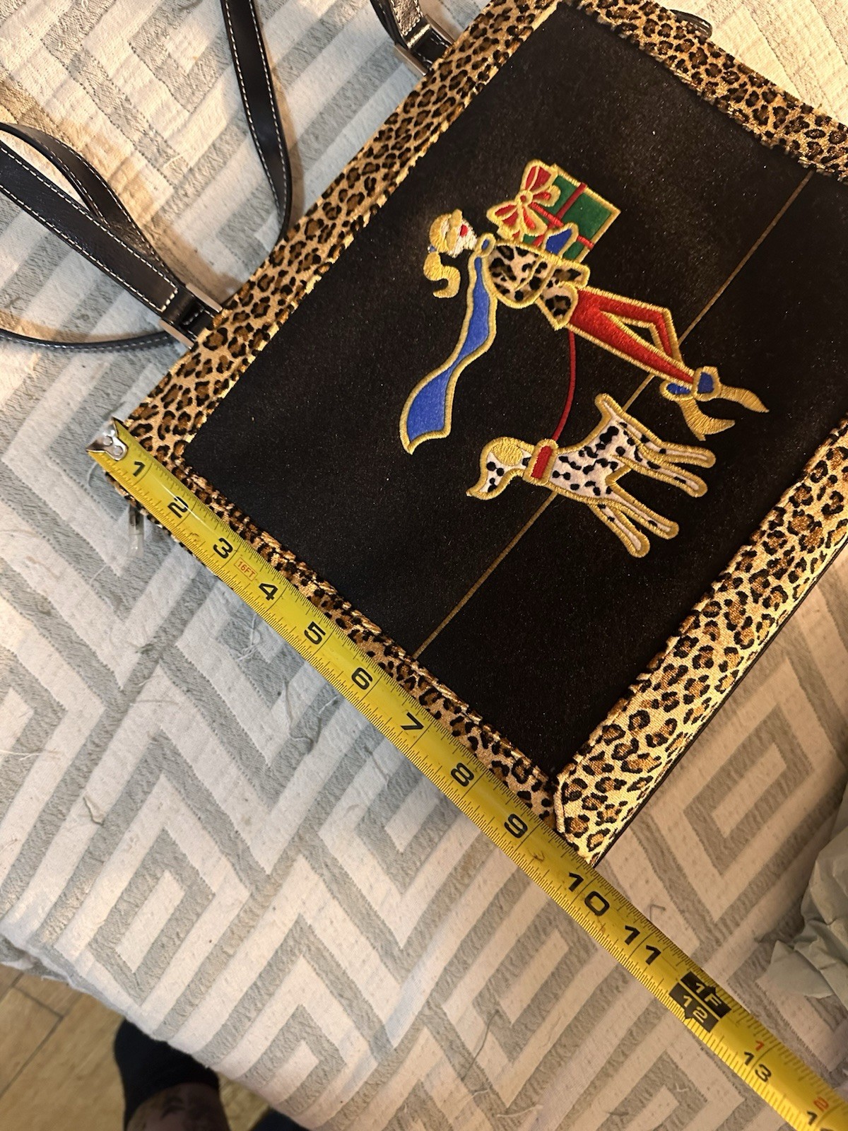 Vintage Retro Mary France Black Leopard Print Embroidered Woman Dog Hand Bag
