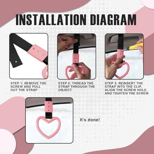 2PCS Heart Shaped Car Handle Straps, Rear Bumper Warning Keychain Ring Pink