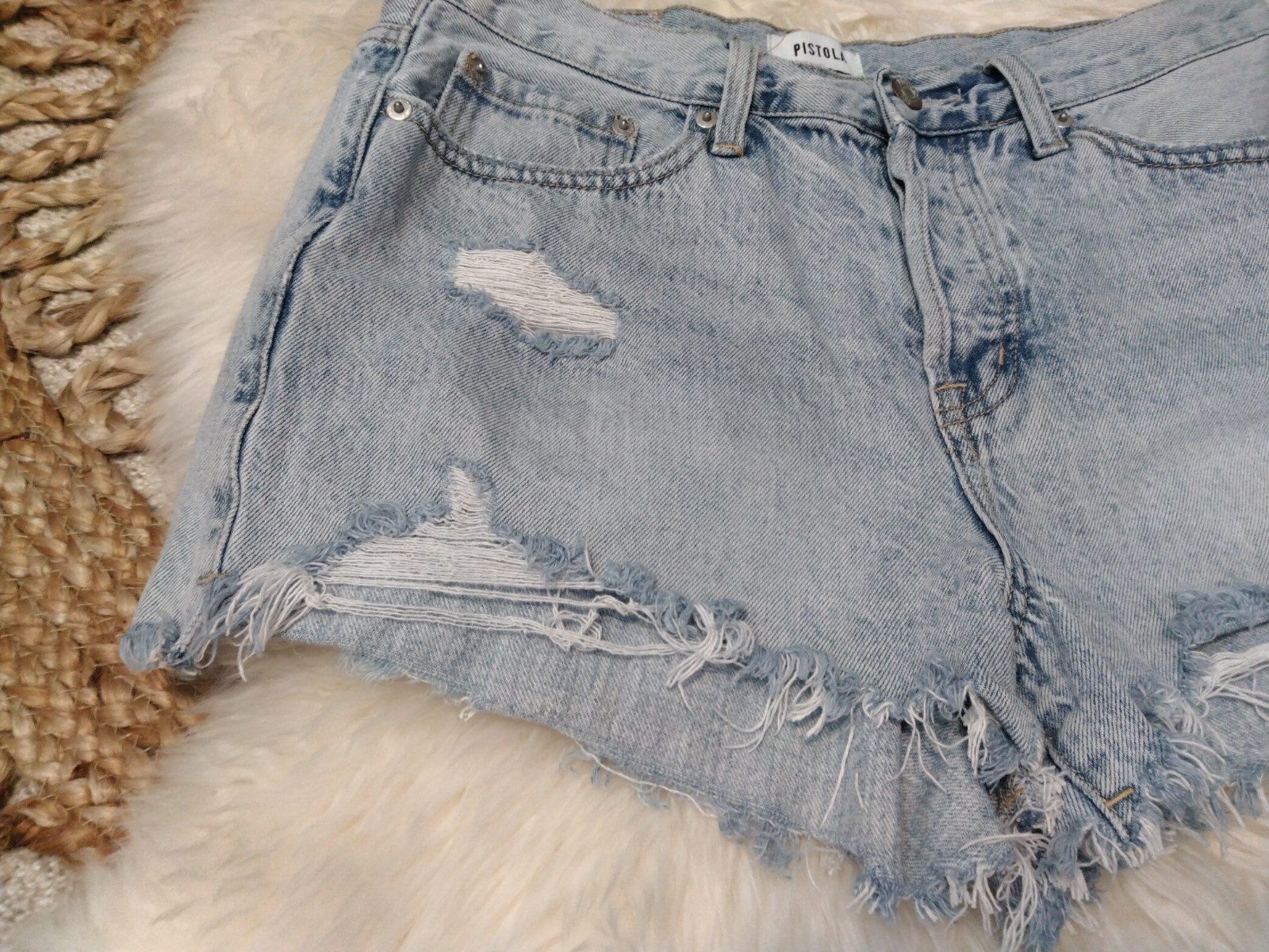 Pistola Light Wash Distressed Denim Cut Off Shorts High Rise Pockets Women’s 29