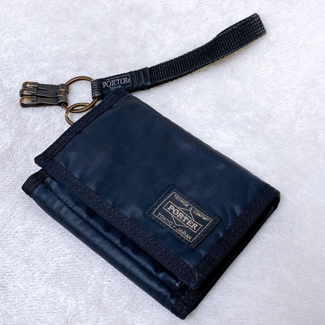 Porter Capsule Wallet Black Trifold with Keychain Used Compact Stylish