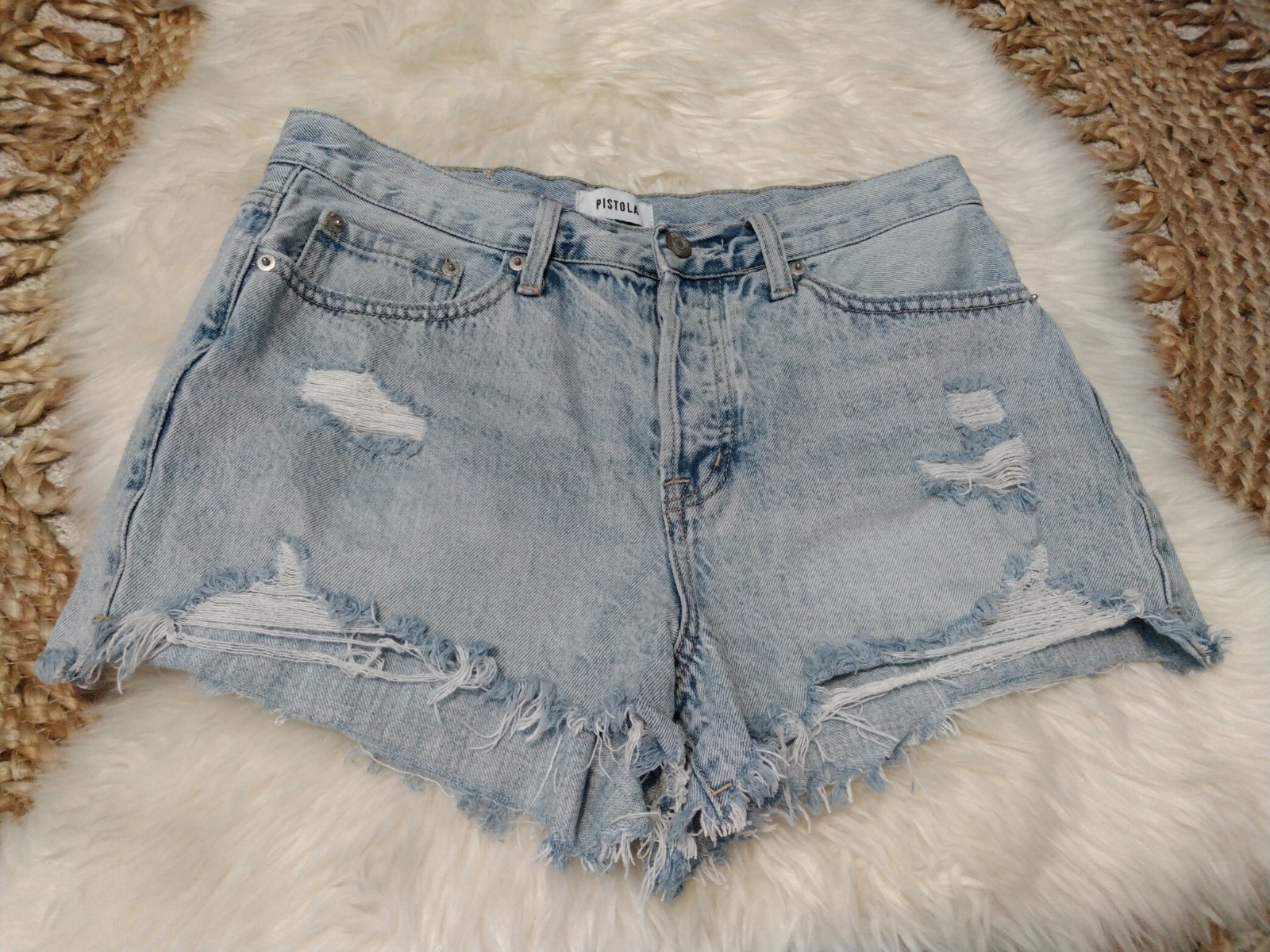 Pistola Light Wash Distressed Denim Cut Off Shorts High Rise Pockets Women’s 29