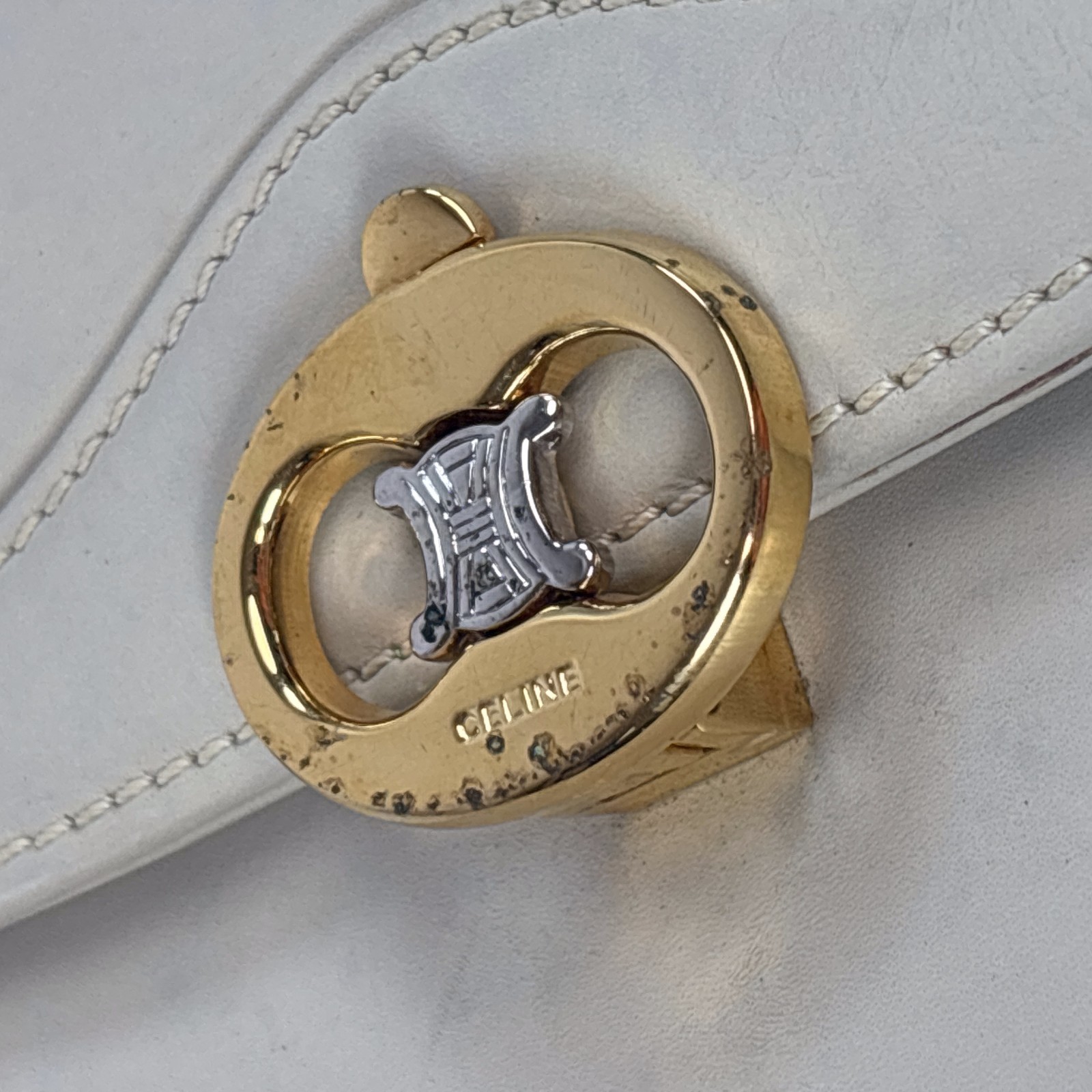 CELINE Leather Shoulder Bag Triomphe Beige Clutch From Japan