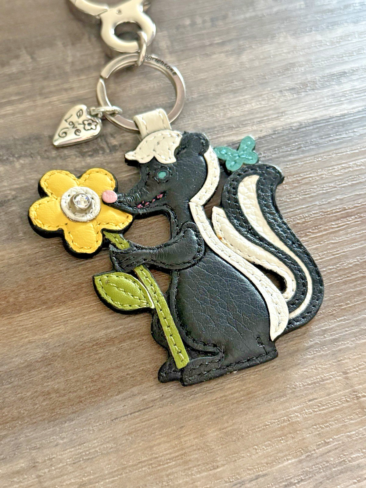 Brighton Posy Skunk Black White Yellow Flower Leather Purse Charm, Handbag