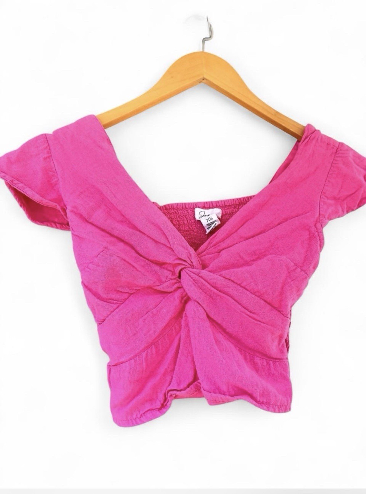 Japna Pink Twist Front Crop Top Size XS Boho Flutter Sleeve Smocked Back