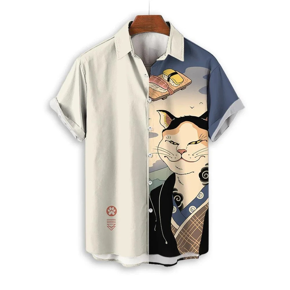 Fashion Men’s Clothing Cool Samurai Cat Tops Summer New Men’s Clothing Casual