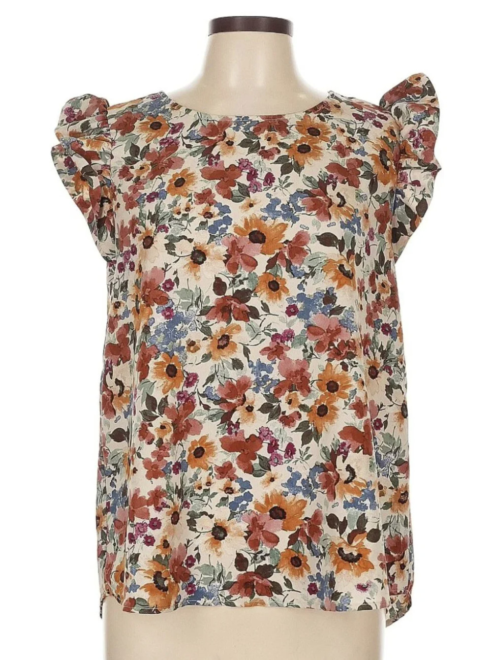 Les Amis Floral Ruffle Sleeve Top Large Multi-Color Boho Rayon Blouse