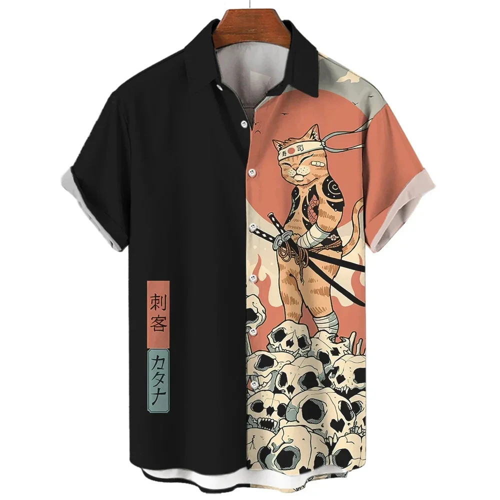 Fashion Men’s Clothing Cool Samurai Cat Tops Summer New Men’s Clothing Casual