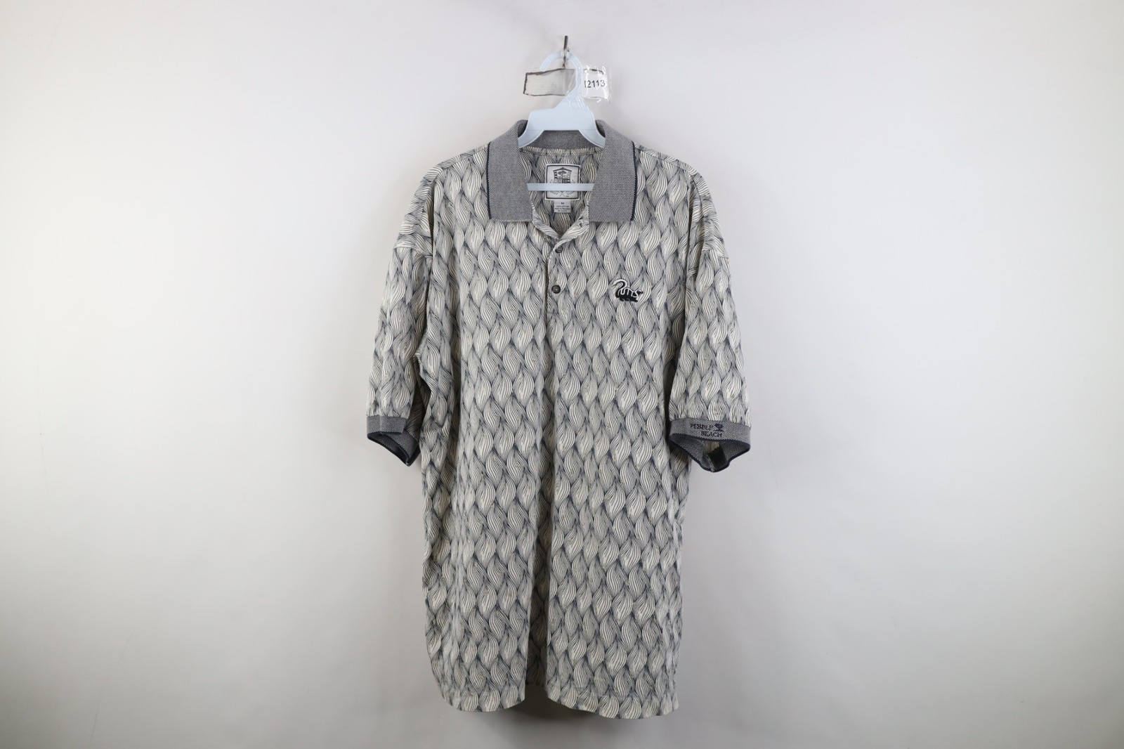 Vtg 90s Pebble Beach Mens Medium Faded Geometric Skunk Golf Polo Shirt Cotton